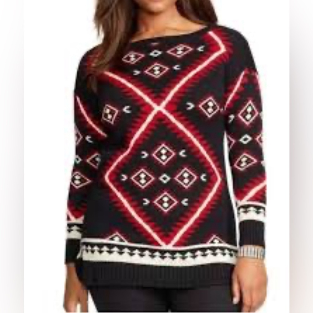 Lauren Ralph Lauren Aztec Southwest Tunic Sweater Cotton Knit Black Red Size 2X